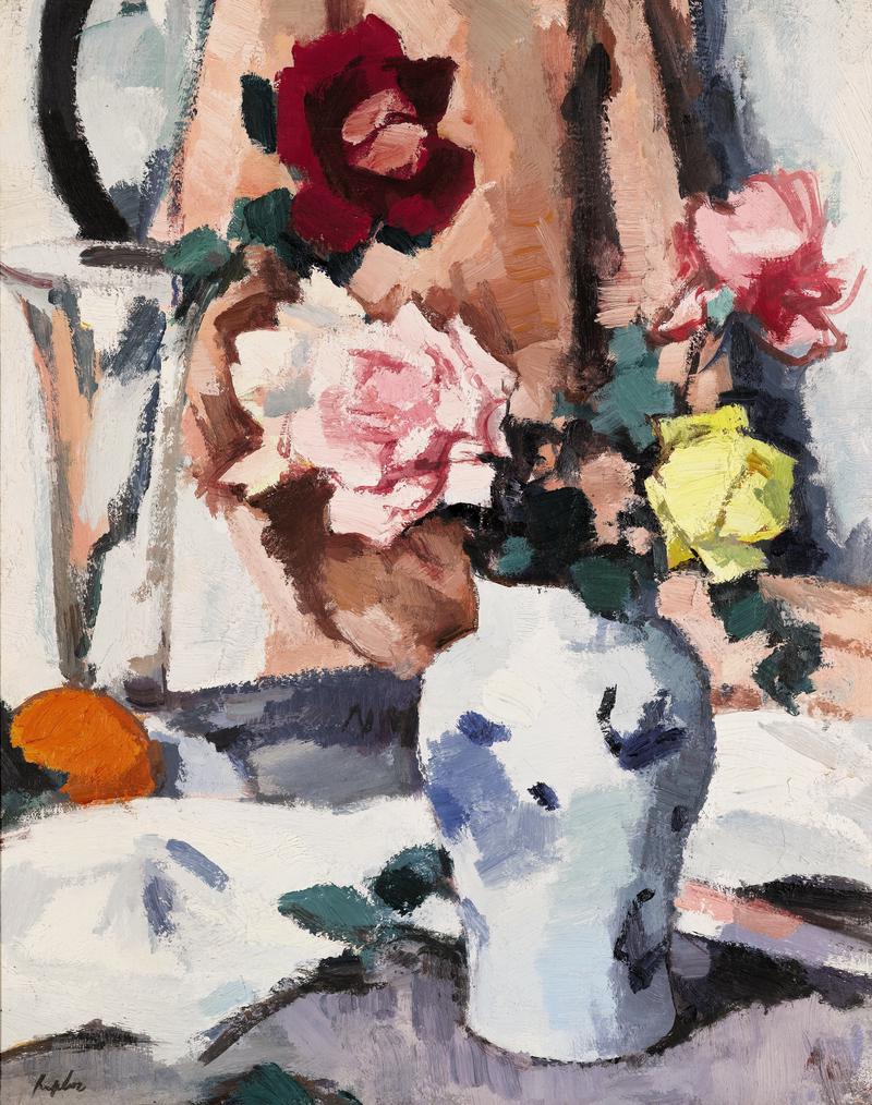 Samuel John Peploe, Red, Pink and Yellow Roses in a Blue Vase