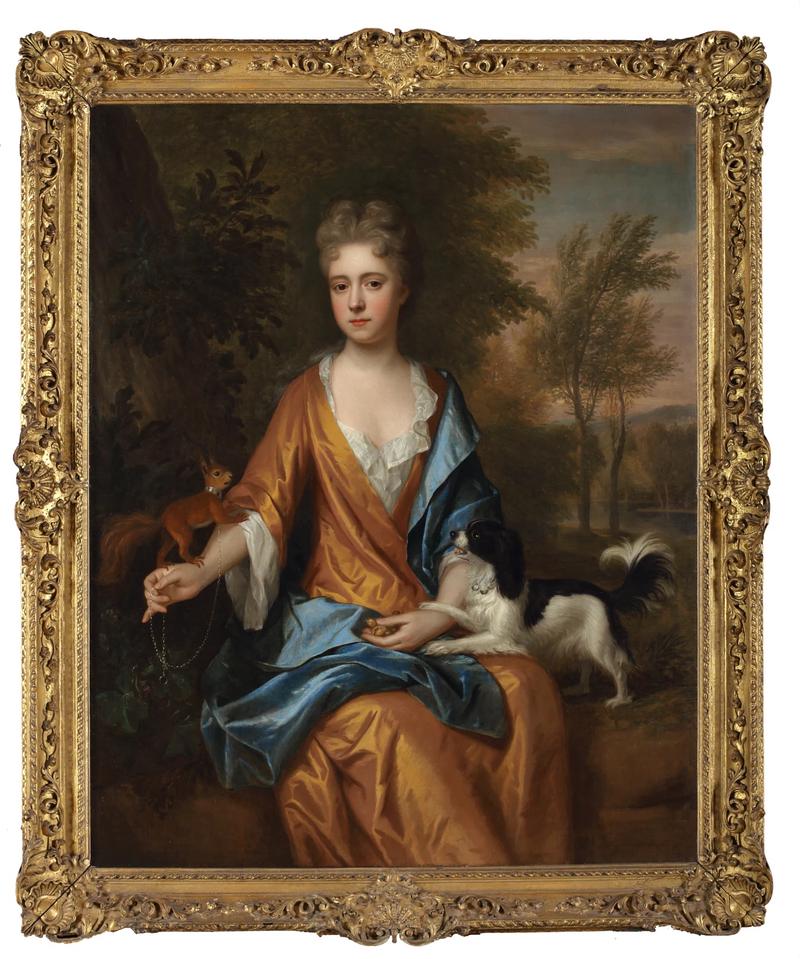 SOLD  Frederick Kerseboom (1632-1693), Portrait of a Lady with a Squirrel and Spaniel, 1690